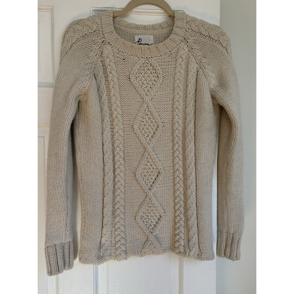 Pencey Womens Cable Knit Sweater Cream Ivory Lace Trim Crew Neck Raglan Pullover